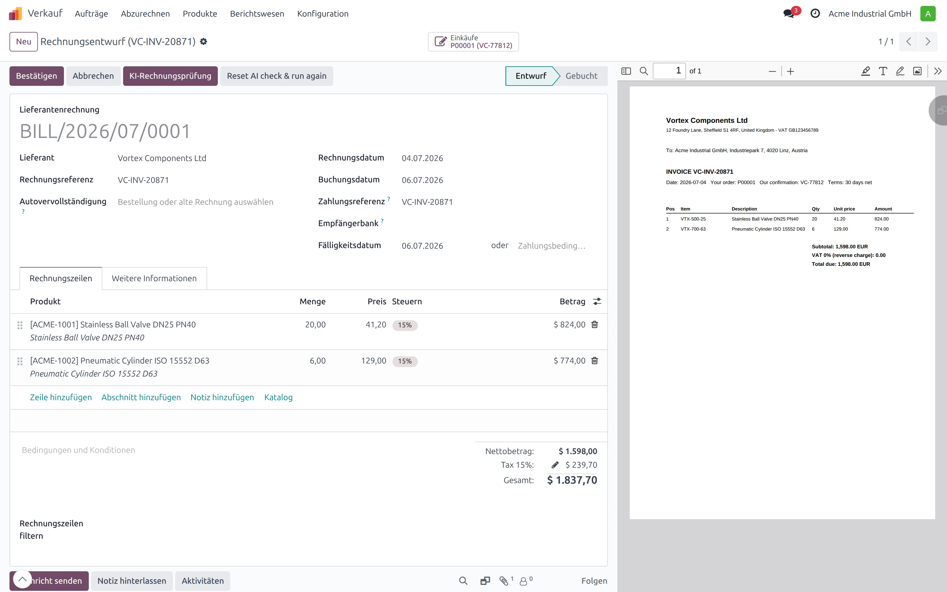 AI invoice control: vendor bill side by side with the original PDF document