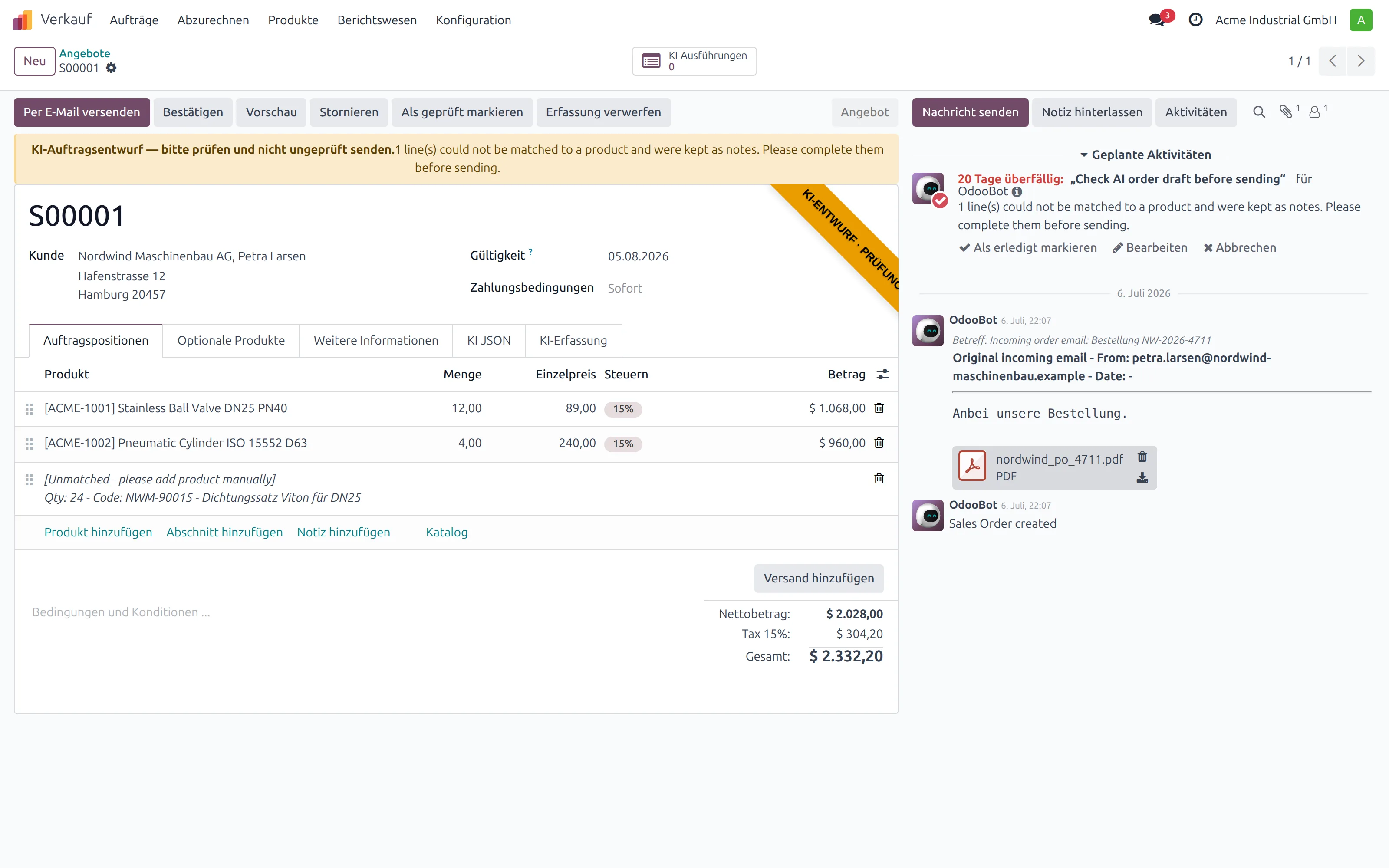AI order intake: draft sales order with review banner, unmatched line and the original email in the record